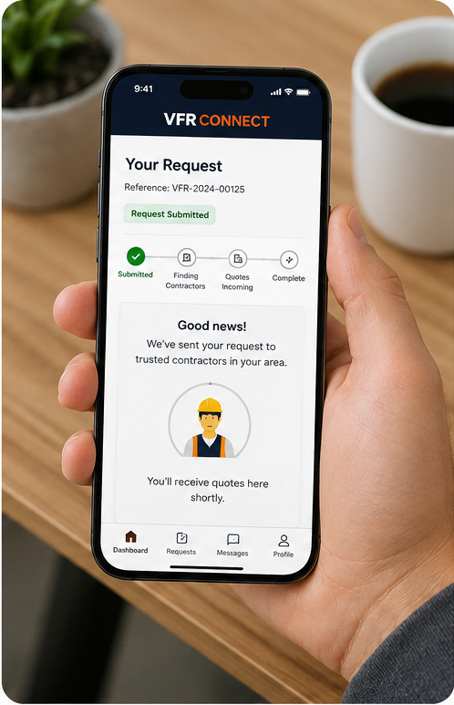 Phone showing a submitted repair request being sent to trusted local contractors