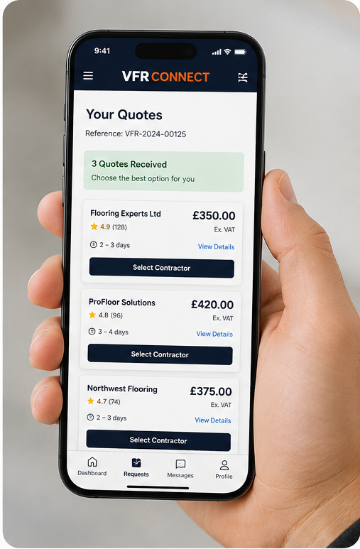 Phone showing responses from local flooring contractors for the repair job