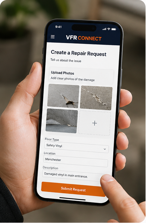 Phone showing the VFR Connect repair request form with damage photos, floor type and location